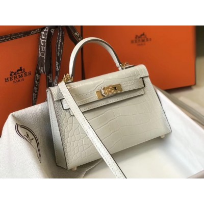 Hermes Kelly Mini II Bag In Beton Crocodile Embossed Leather LDBS242461