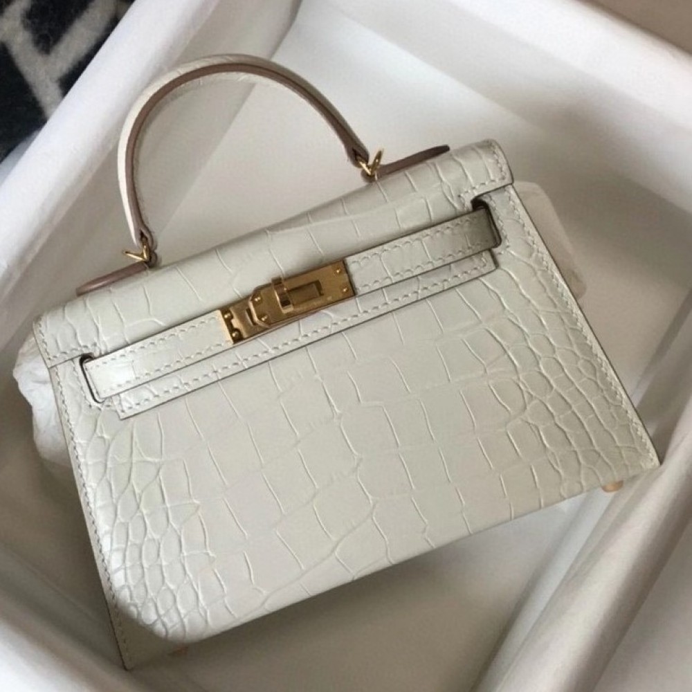 Hermes Kelly Mini II Bag In Beton Embossed Crocodile Calfskin LDBS242462