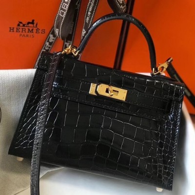 Hermes Kelly Mini II Bag In Black Crocodile Embossed Leather LDBS242463