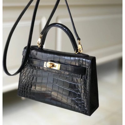 Hermes Kelly Mini II Bag In Black Crocodile Embossed Leather LDBS242463