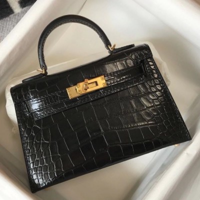 Hermes Kelly Mini II Bag In Black Embossed Crocodile Calfskin LDBS242464