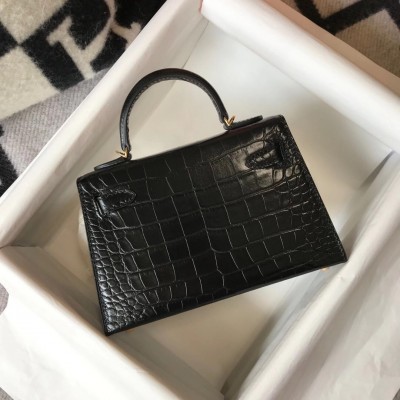 Hermes Kelly Mini II Bag In Black Embossed Crocodile Calfskin LDBS242464