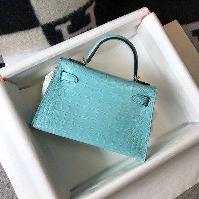 Hermes Kelly Mini II Bag In Blue Atoll Crocodile Embossed Leather LDBS242467