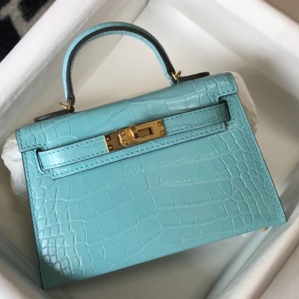 Hermes Kelly Mini II Bag In Blue Atoll Embossed Crocodile Calfskin LDBS242468