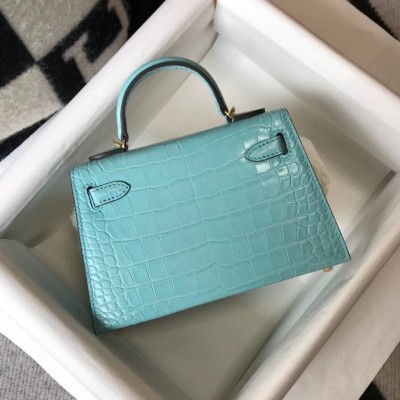 Hermes Kelly Mini II Bag In Blue Atoll Embossed Crocodile Calfskin LDBS242468