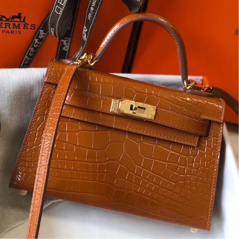 Hermes Kelly Mini II Bag In Brown Crocodile Embossed Leather LDBS242469