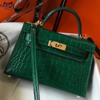 Hermes Kelly Mini II Bag In Green Crocodile Embossed Leather LDBS242471