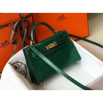 Hermes Kelly Mini II Bag In Green Crocodile Embossed Leather LDBS242471