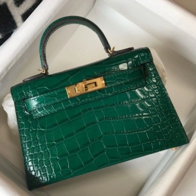 Hermes Kelly Mini II Bag In Green Embossed Crocodile Calfskin LDBS242472