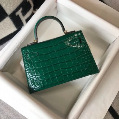 Hermes Kelly Mini II Bag In Green Embossed Crocodile Calfskin LDBS242472