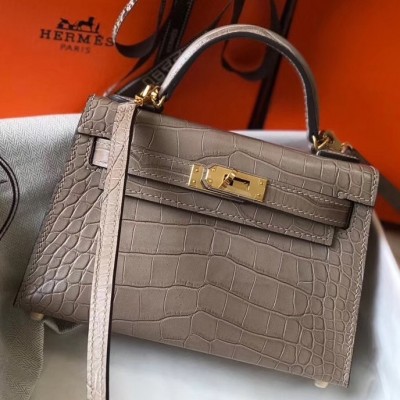 Hermes Kelly Mini II Bag In Grey Crocodile Embossed Leather LDBS242473