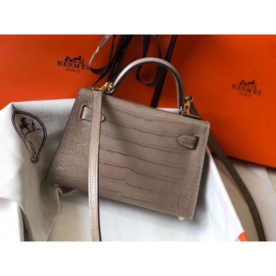 Hermes Kelly Mini II Bag In Grey Crocodile Embossed Leather LDBS242473