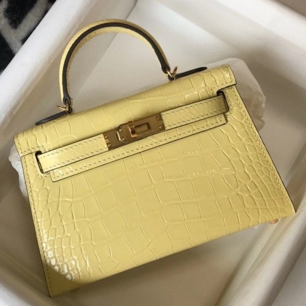 Hermes Kelly Mini II Bag In Jaune Poussin Embossed Crocodile Calfskin LDBS242476