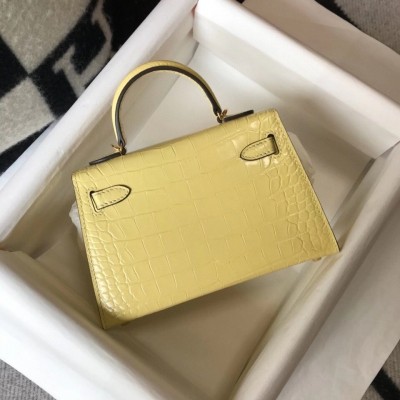 Hermes Kelly Mini II Bag In Jaune Poussin Embossed Crocodile Calfskin LDBS242476