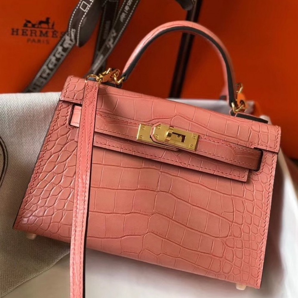 Hermes Kelly Mini II Bag In Pink Crocodile Embossed Leather LDBS242479