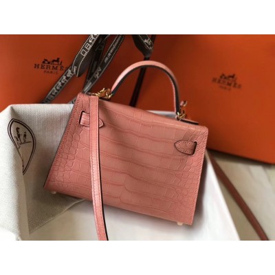 Hermes Kelly Mini II Bag In Pink Crocodile Embossed Leather LDBS242479