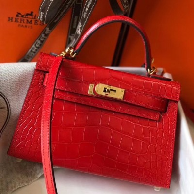 Hermes Kelly Mini II Bag In Red Crocodile Embossed Leather LDBS242480