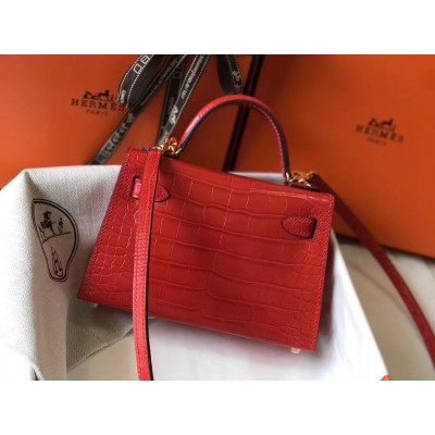 Hermes Kelly Mini II Bag In Red Crocodile Embossed Leather LDBS242480