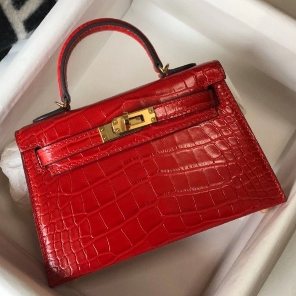 Hermes Kelly Mini II Bag In Red Embossed Crocodile Calfskin LDBS242481