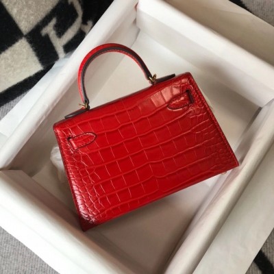 Hermes Kelly Mini II Bag In Red Embossed Crocodile Calfskin LDBS242481