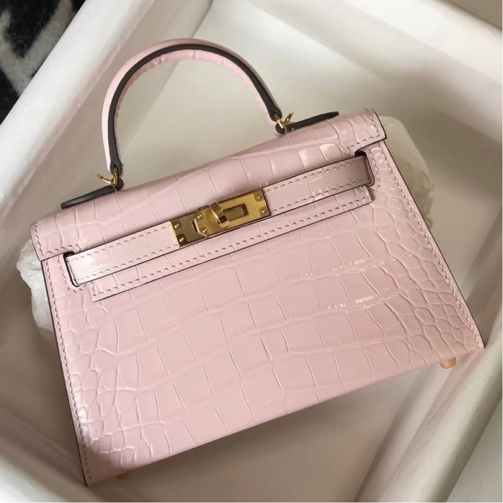 Hermes Kelly Mini II Bag In Rose Dragee Embossed Crocodile Calfskin LDBS242482