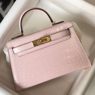 Hermes Kelly Mini II Bag In Rose Dragee Embossed Crocodile Calfskin LDBS242482