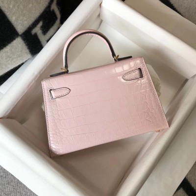 Hermes Kelly Mini II Bag In Rose Dragee Embossed Crocodile Calfskin LDBS242482