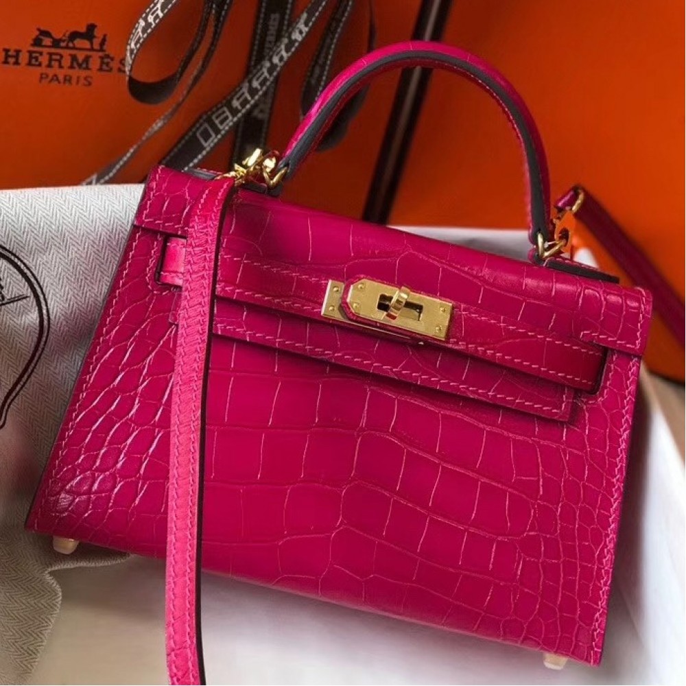 Hermes Kelly Mini II Bag In Rose Red Crocodile Embossed Leather LDBS242483