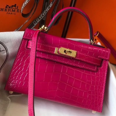 Hermes Kelly Mini II Bag In Rose Red Crocodile Embossed Leather LDBS242483