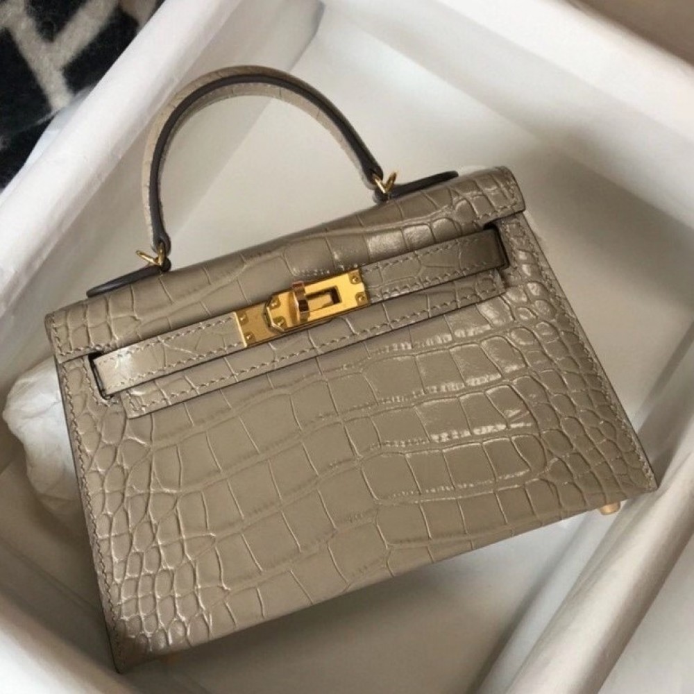 Hermes Kelly Mini II Bag In Taupe Embossed Crocodile Calfskin LDBS242486