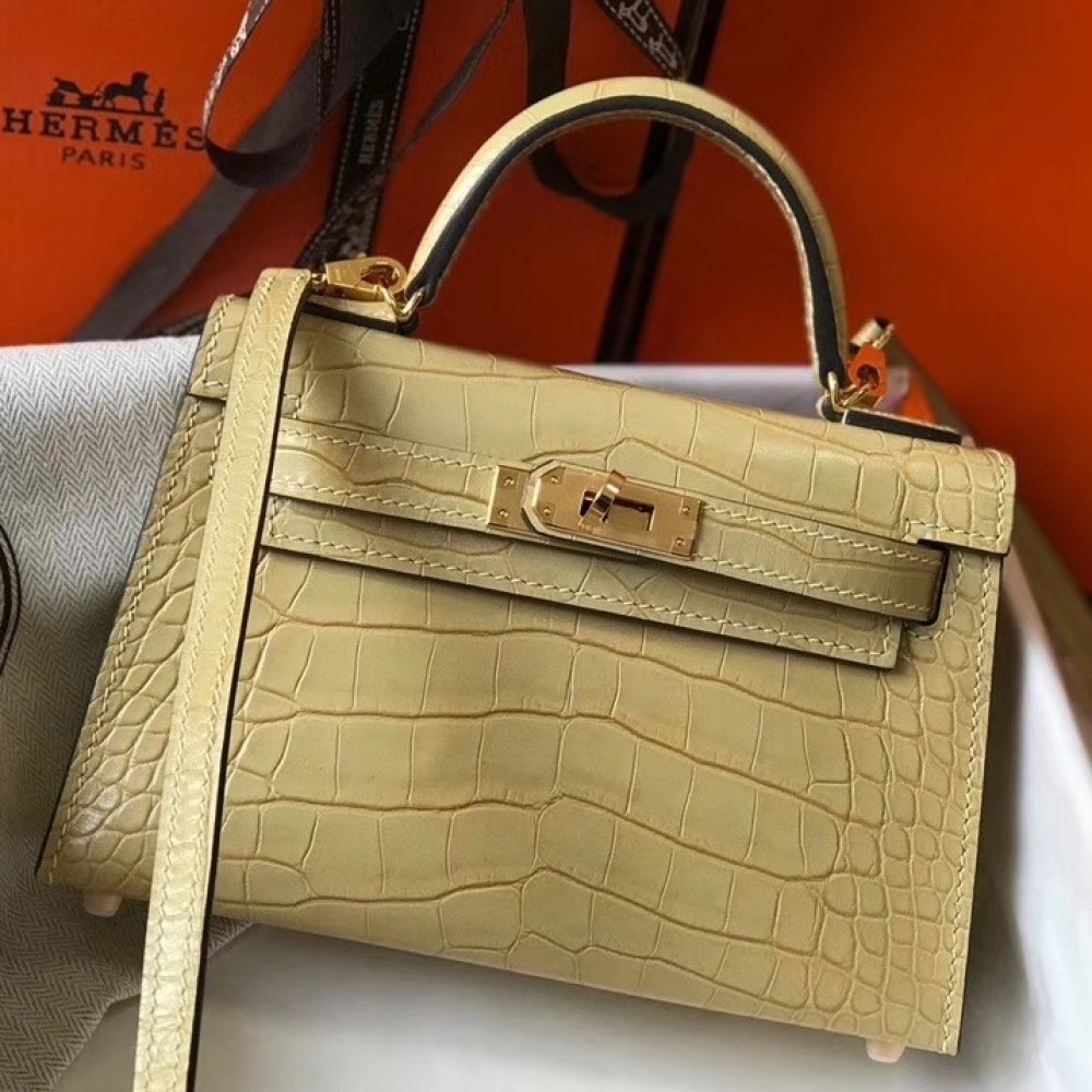 Hermes Kelly Mini II Bag In Vanille Crocodile Embossed Leather LDBS242488