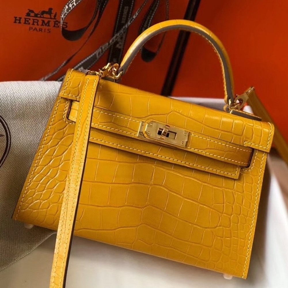 Hermes Kelly Mini II Bag In Yellow Crocodile Embossed Leather LDBS242492