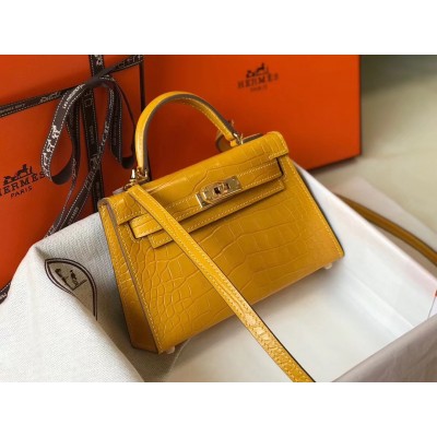 Hermes Kelly Mini II Bag In Yellow Crocodile Embossed Leather LDBS242492