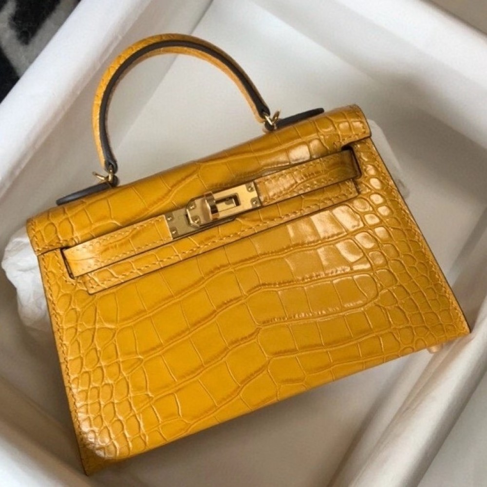 Hermes Kelly Mini II Bag In Yellow Embossed Crocodile Calfskin LDBS242493