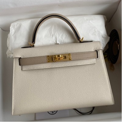 Hermes Kelly Mini II Sellier Bicolor Handmade Bag in Craie and Trench Epsom Calfskin LDBS242495