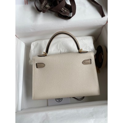 Hermes Kelly Mini II Sellier Bicolor Handmade Bag in Craie and Trench Epsom Calfskin LDBS242495