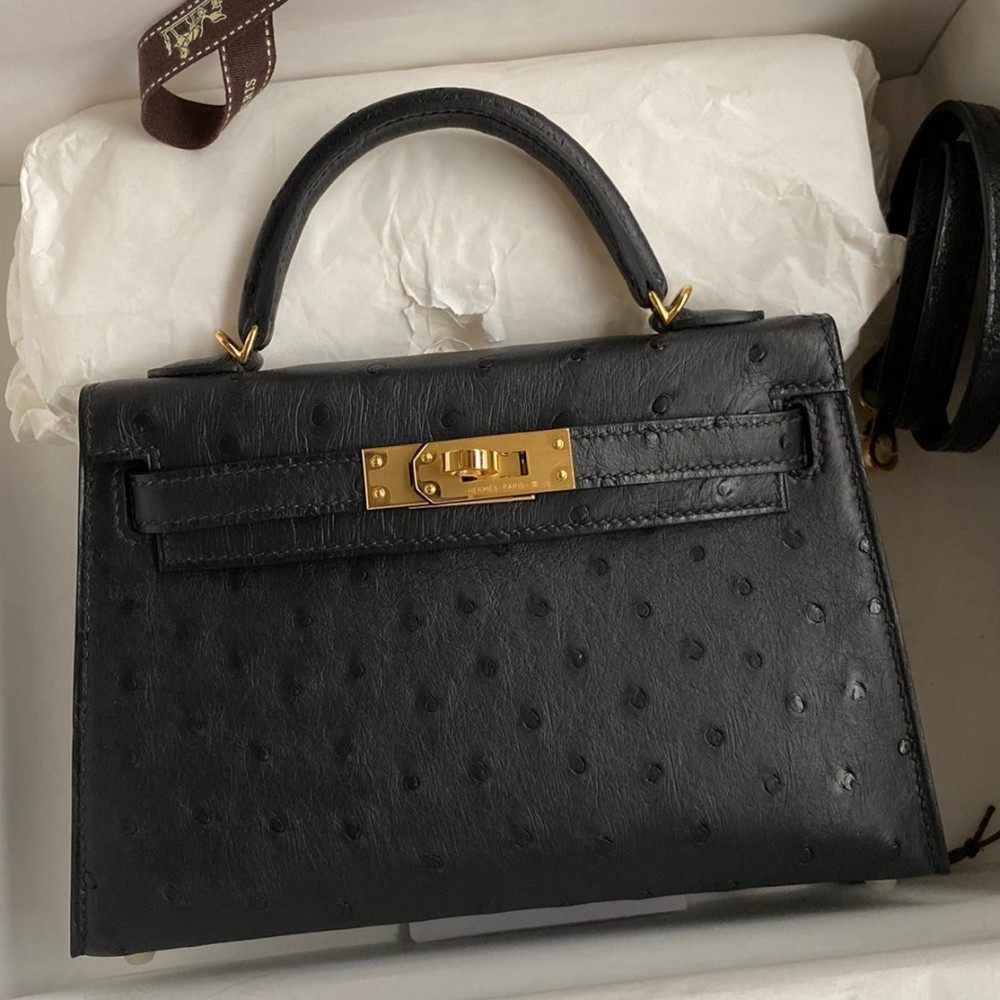 Hermes Kelly Mini II Sellier Handmade Bag In Black Ostrich Leather LDBS242501