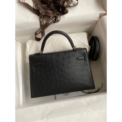 Hermes Kelly Mini II Sellier Handmade Bag In Black Ostrich Leather LDBS242501