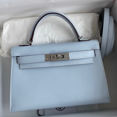 Hermes Kelly Mini II Sellier Handmade Bag In Blue Brume Epsom Calfskin LDBS242504