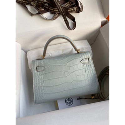 Hermes Kelly Mini II Sellier Handmade Bag In Blue Glacier Matte Alligator Leather LDBS242506