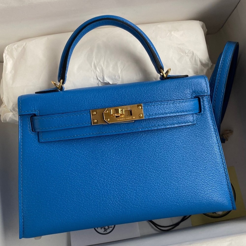 Hermes Kelly Mini II Sellier Handmade Bag In Blue Hydra Chevre Mysore Leather LDBS242507