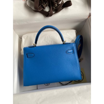 Hermes Kelly Mini II Sellier Handmade Bag In Blue Hydra Chevre Mysore Leather LDBS242507