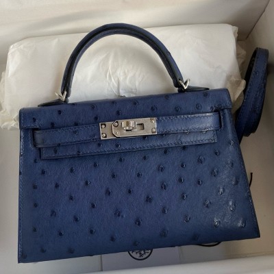 Hermes Kelly Mini II Sellier Handmade Bag In Blue Iris Ostrich Leather LDBS242508