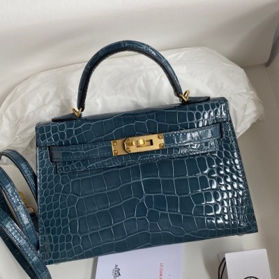 Hermes Kelly Mini II Sellier Handmade Bag In Blue Jean Shiny Alligator Leather LDBS242509