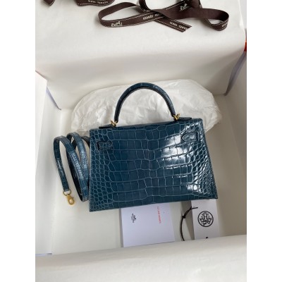 Hermes Kelly Mini II Sellier Handmade Bag In Blue Jean Shiny Alligator Leather LDBS242509