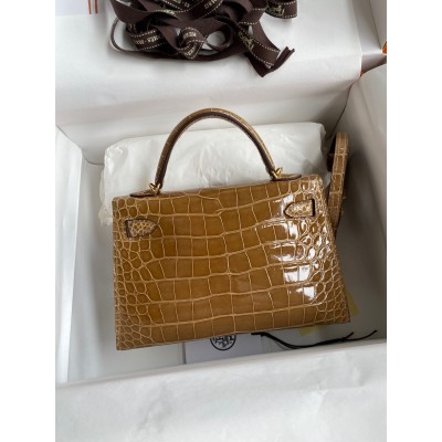 Hermes Kelly Mini II Sellier Handmade Bag In Ficelle Shiny Alligator Leather LDBS242518