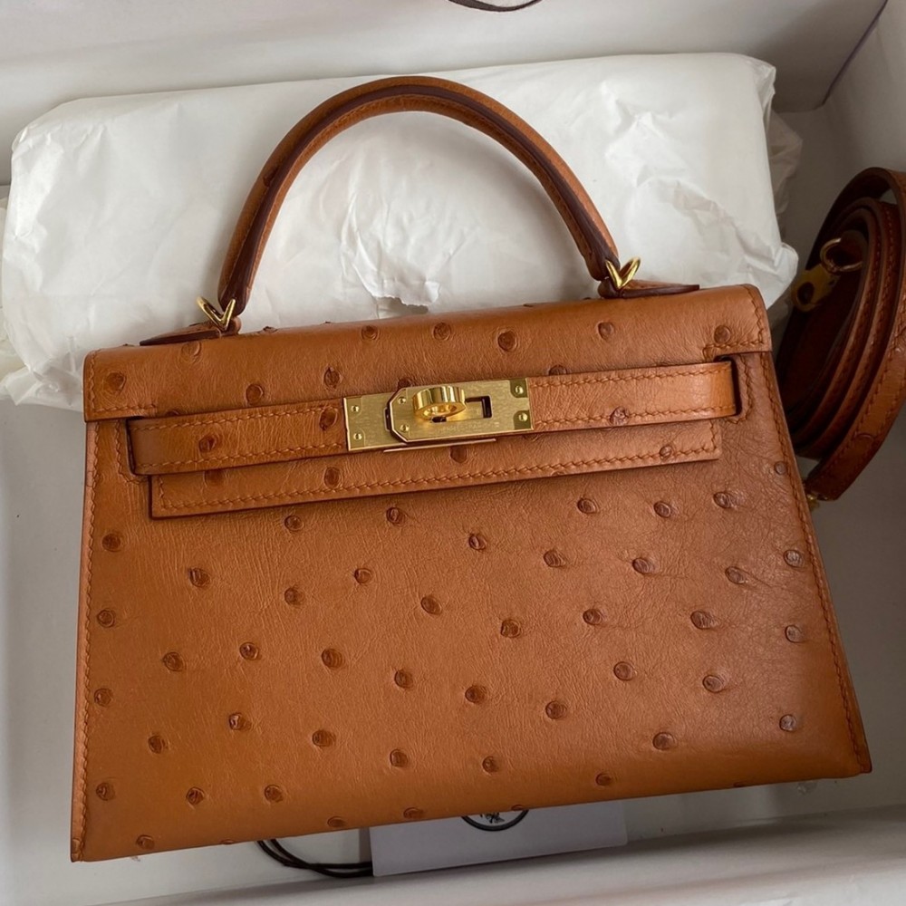 Hermes Kelly Mini II Sellier Handmade Bag In Gold Ostrich Leather LDBS242519