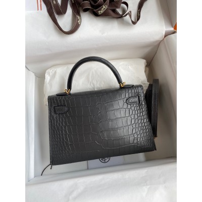 Hermes Kelly Mini II Sellier Handmade Bag In Graphite Matte Alligator Leather LDBS242520