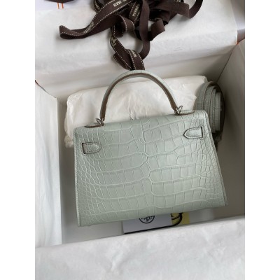 Hermes Kelly Mini II Sellier Handmade Bag In Gris Neve Matte Alligator Leather LDBS242524