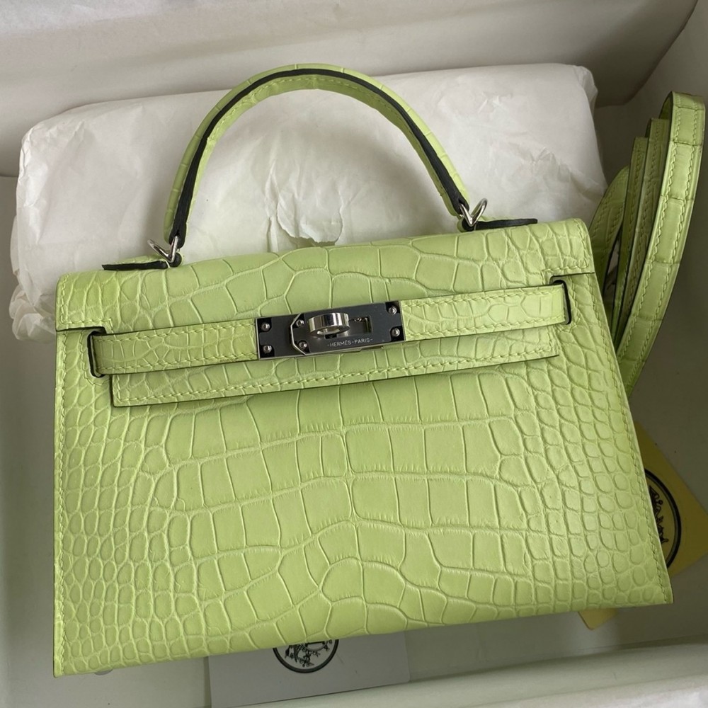 Hermes Kelly Mini II Sellier Handmade Bag In Jaune Bourgeon Matte Alligator Leather LDBS242528